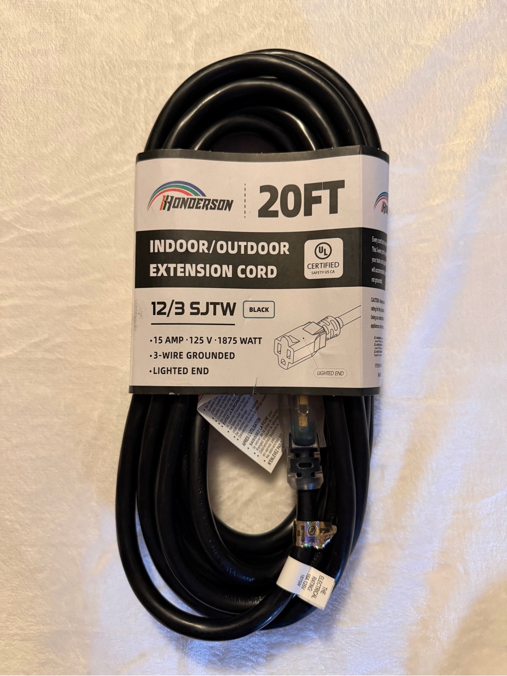 HONDERSON Indoor Outdoor Extension Cord Weatherproof with Lighted 20FT, Black